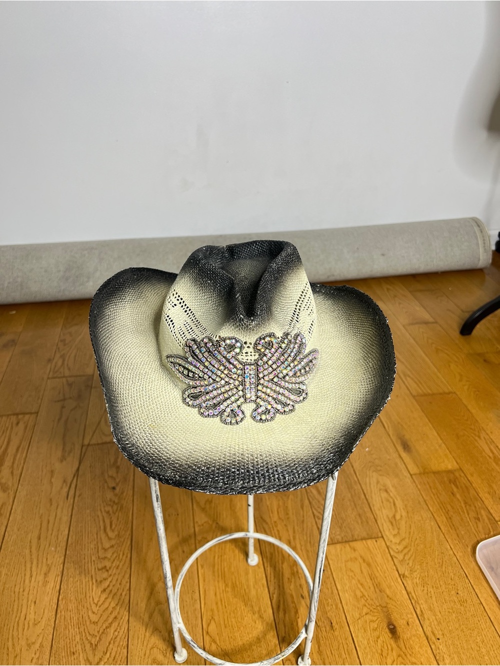 Olive & Pique, Rhinestone Butterfly Ombre Straw Cowboy Hat - Black & Cream